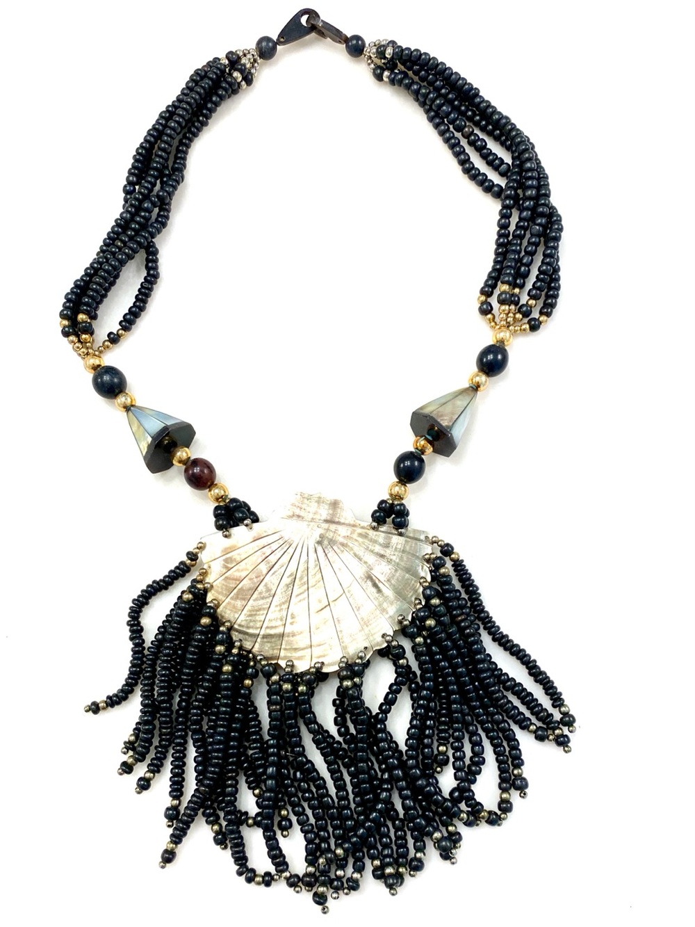 Vintage Mother of Pearl Shell Beaded Fringe Multi Strand Statement Necklace
